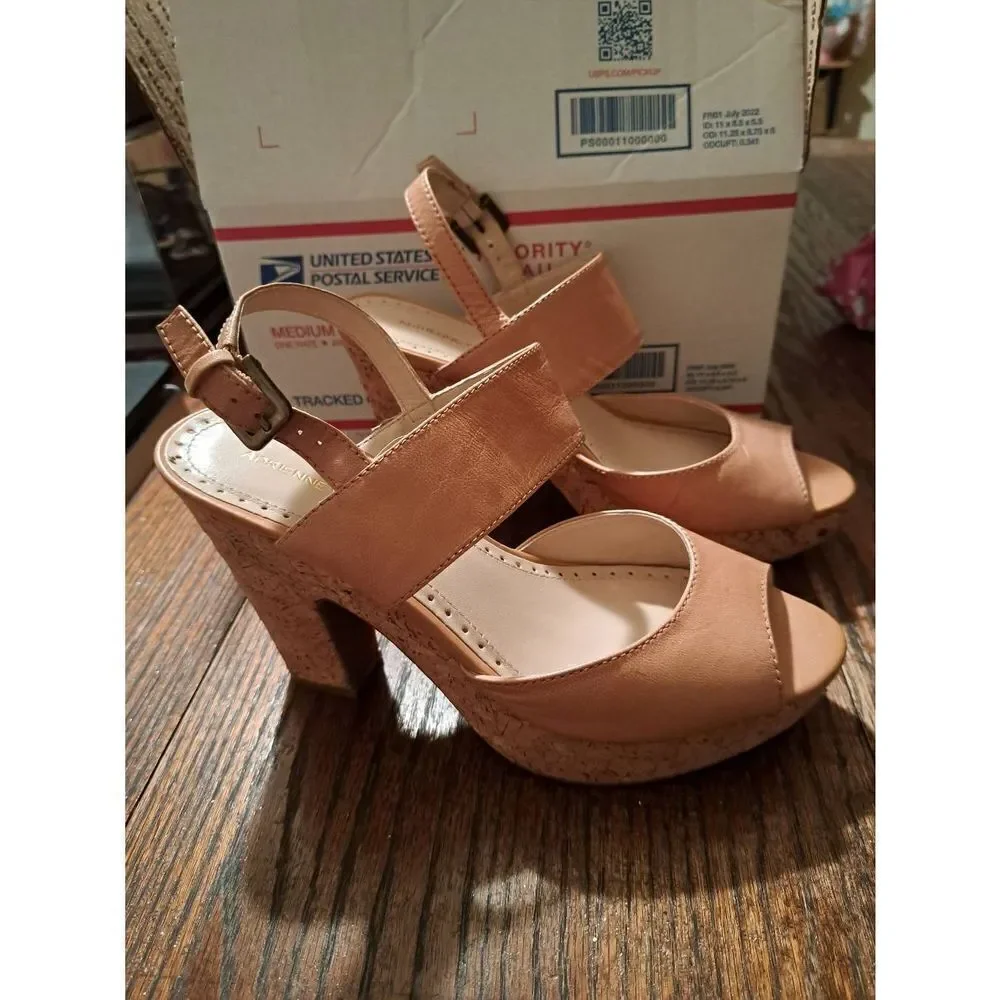 7.5 Adrienne Vittadini Yancy Tan Peep Toe Platform Chunky High Heel Dress Shoes
